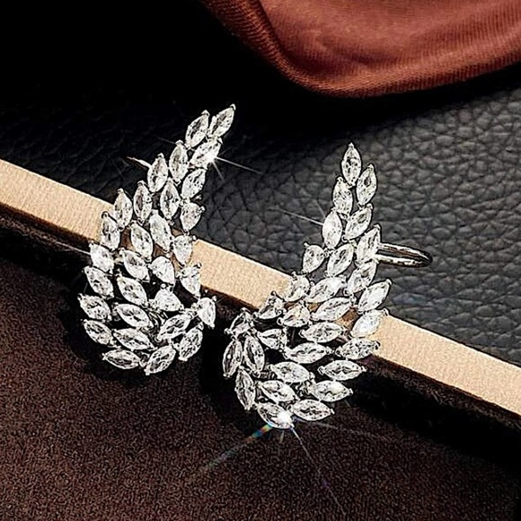 Silver Cubic Zircon Leaf Angel Wing Cuff Earrings - Picture 6 of 8